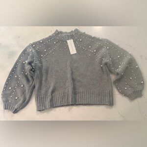 Luna Tuccini Grey Pearl-Embellished Cropped Turtleneck Sweater Size 8